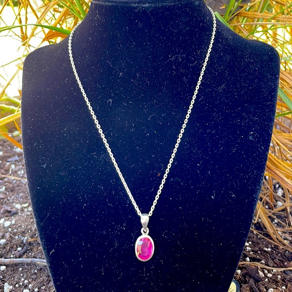 Ruby Pendant in Sterling Silver Setting on 16” SS Chain - Picture 2 of 5